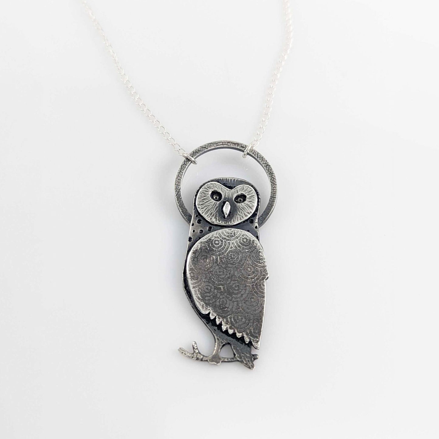 Seated Owl With Moon Halo Pendant
